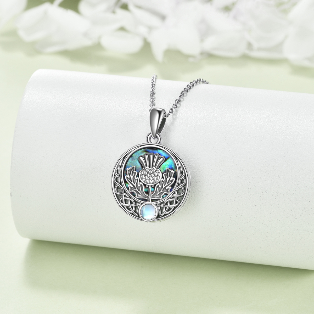 Sterling Silver Abalone Shellfish Thistle Flower & Celtic Knot Personalized Photo Locket Necklace-2