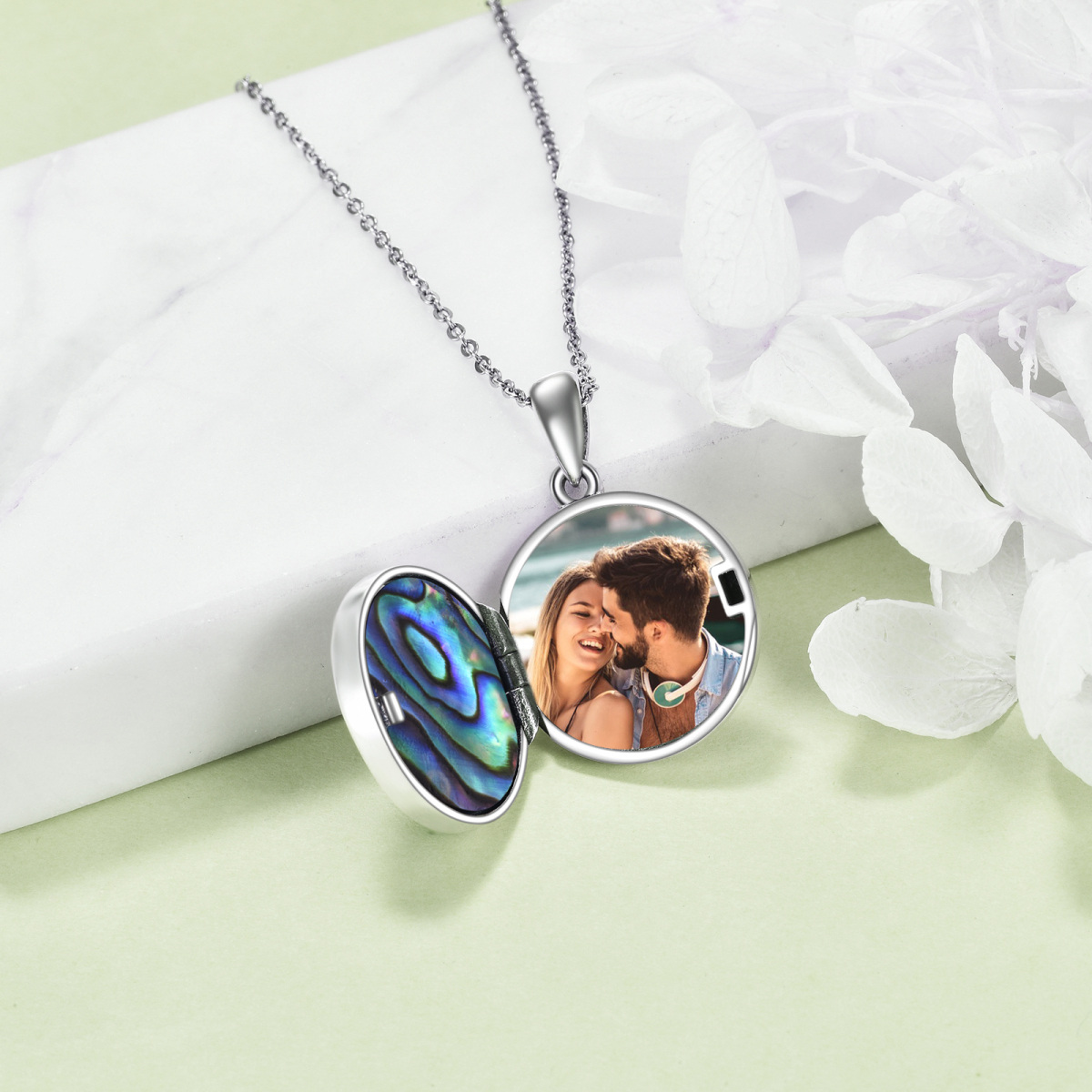 Sterling Silver Abalone Shellfish Thistle Flower & Celtic Knot Personalized Photo Locket Necklace-3