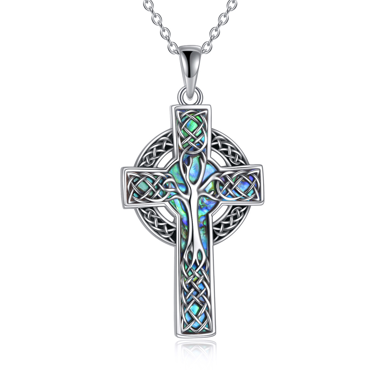 Sterling Silver Abalone Shellfish Tree Of Life & Celtic Knot & Cross Pendant Necklace-1