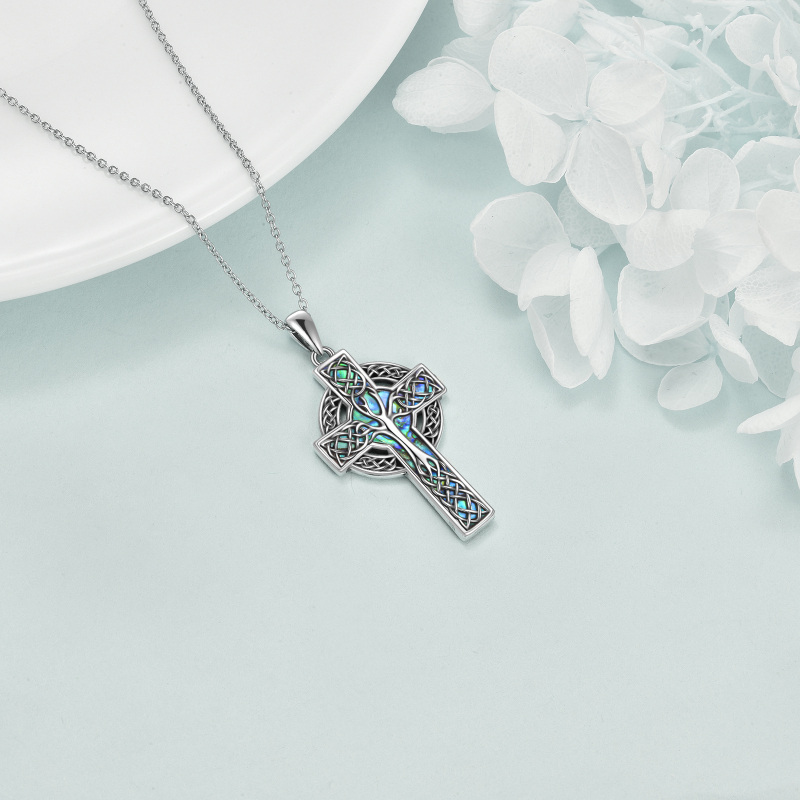 Colar de pingente de cruz de abalone de prata esterlina com árvore da vida com nó celta para mulheres-4