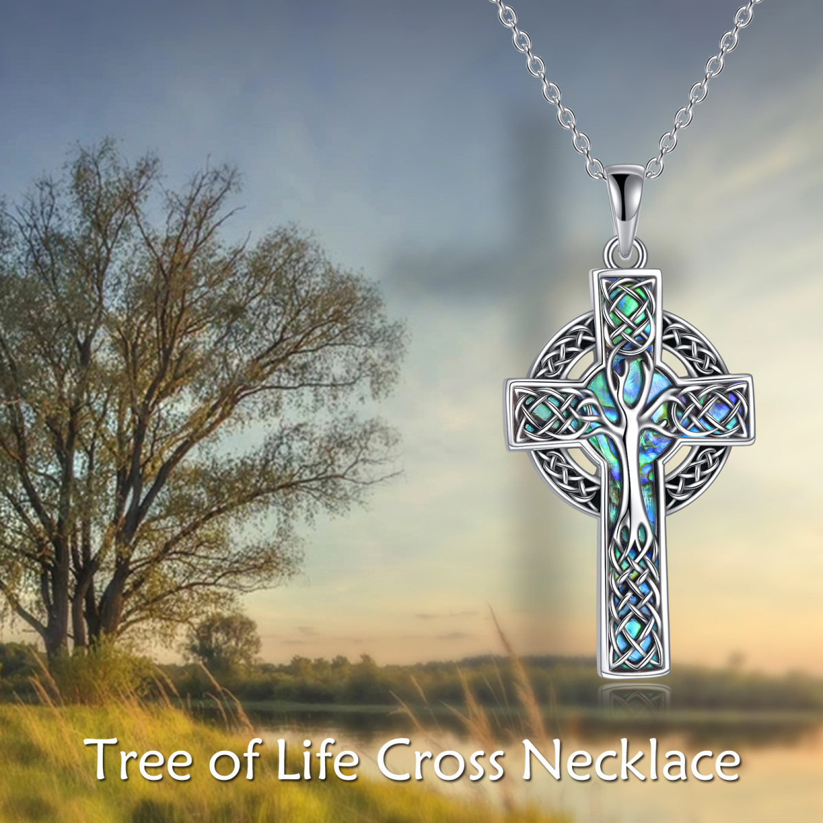 Sterling Silver Abalone Shellfish Tree Of Life & Celtic Knot & Cross Pendant Necklace-6