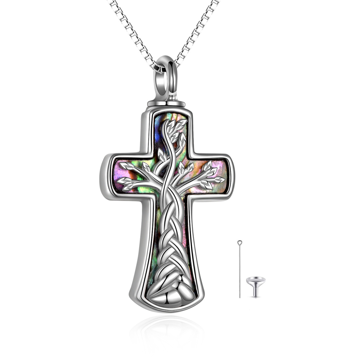 Collana con urna con croce in argento sterling con albero della vita per gioielli commemorativi per la cremazione delle ceneri-1