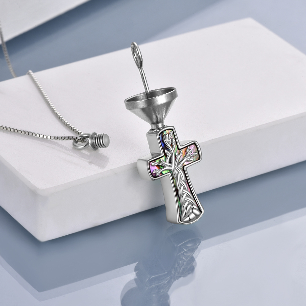 Sterling Silver Cross Tree Of Life Urn Necklace For Ashes Cremation Memorial Jewelry-4