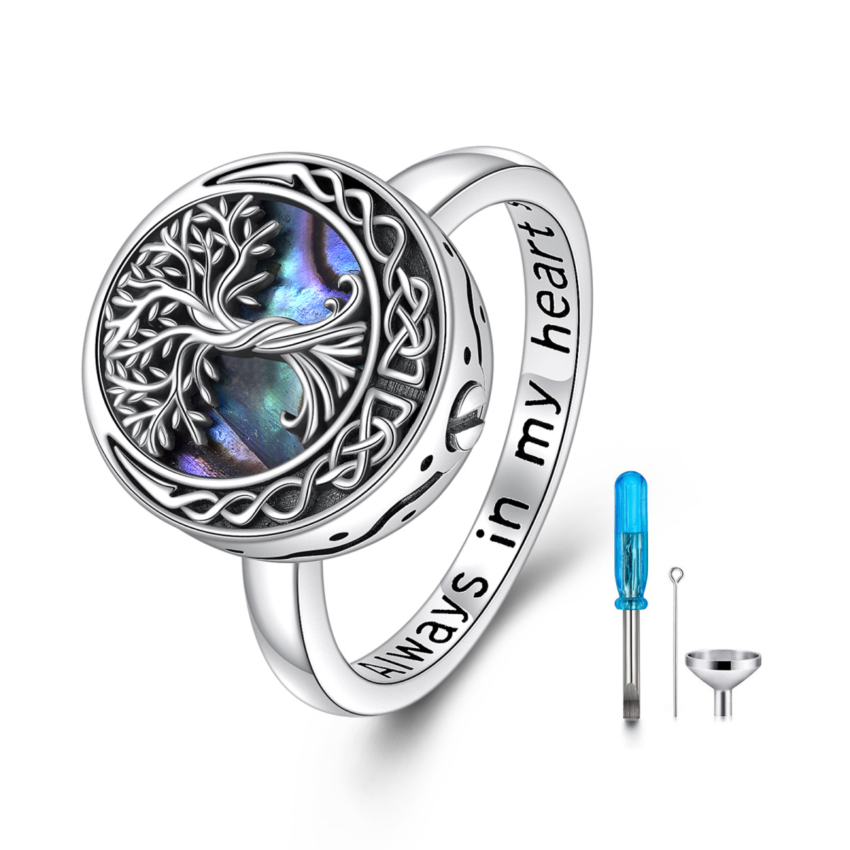 Sterling Silver Abalone Shellfish Tree Of Life & Celtic Knot & Moon Urn Ring With Engraved Word For Women-1