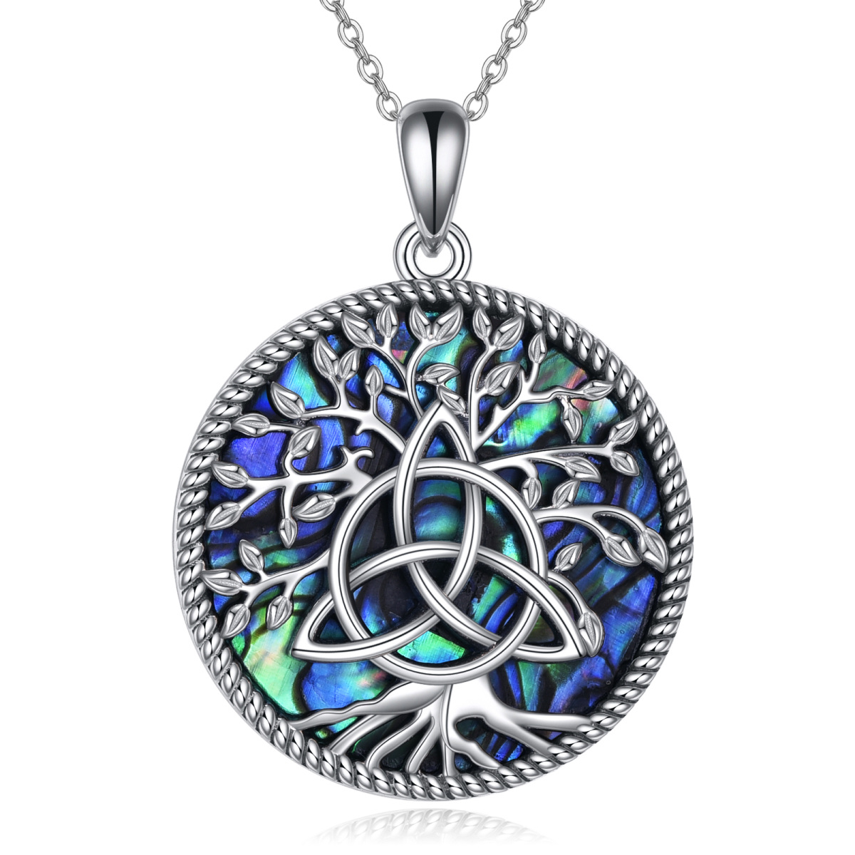 Collana con pendente a nodo triforza in argento sterling con crostacei abalone e albero della vita-1