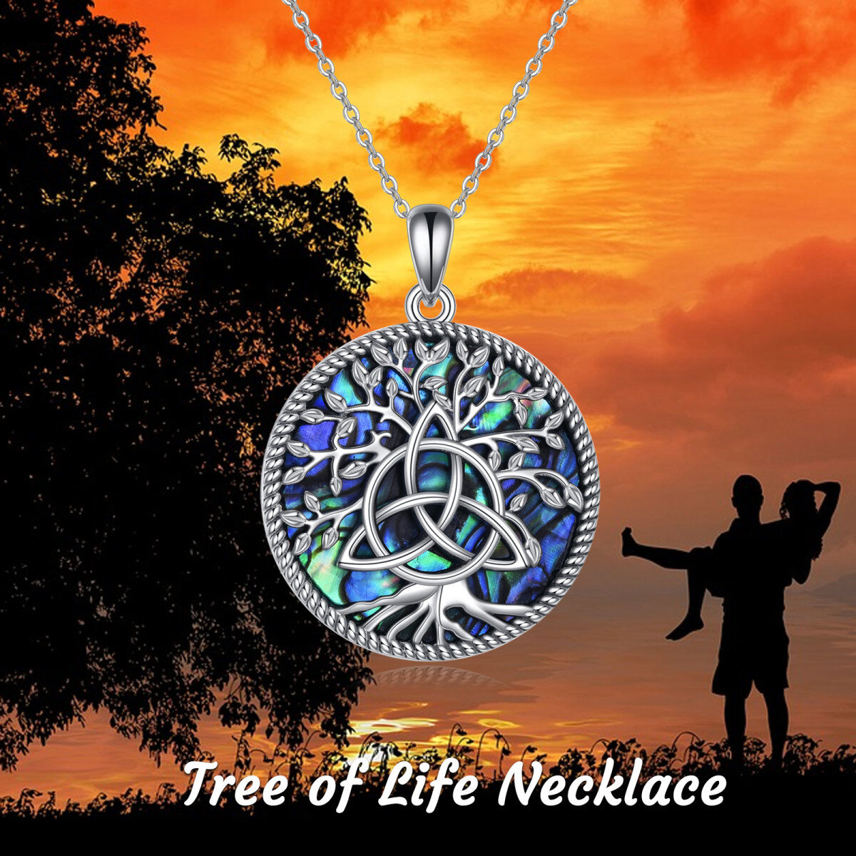 Collana con pendente a nodo triforza in argento sterling con crostacei abalone e albero della vita-5