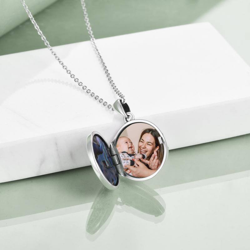 Collar con medallón de foto personalizado con nudo celta del árbol de la vida de mariscos de abulón de plata de ley con palabra grabada-3