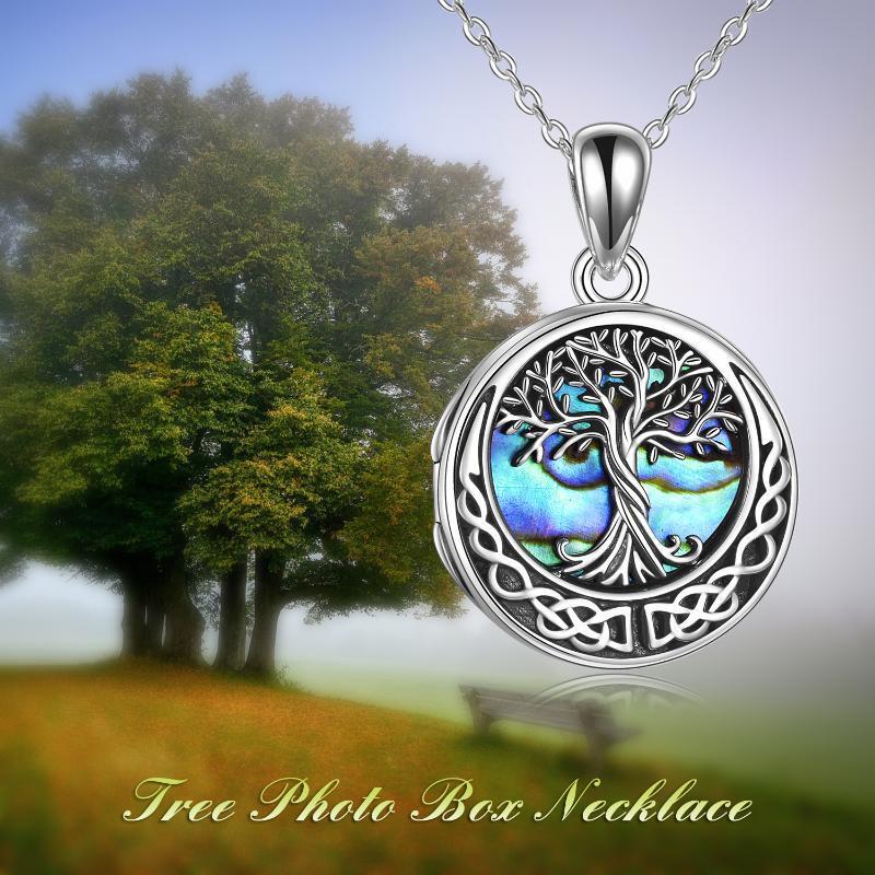Collar con medallón de foto personalizado con nudo celta del árbol de la vida de mariscos de abulón de plata de ley con palabra grabada-6