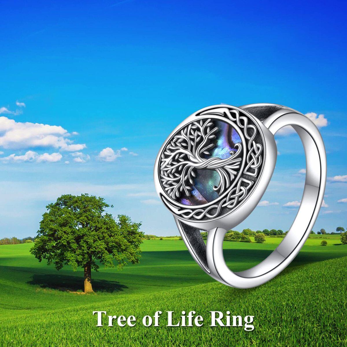 Sterling Silver Abalone Shellfish Tree Of Life & Celtic Knot Ring-3