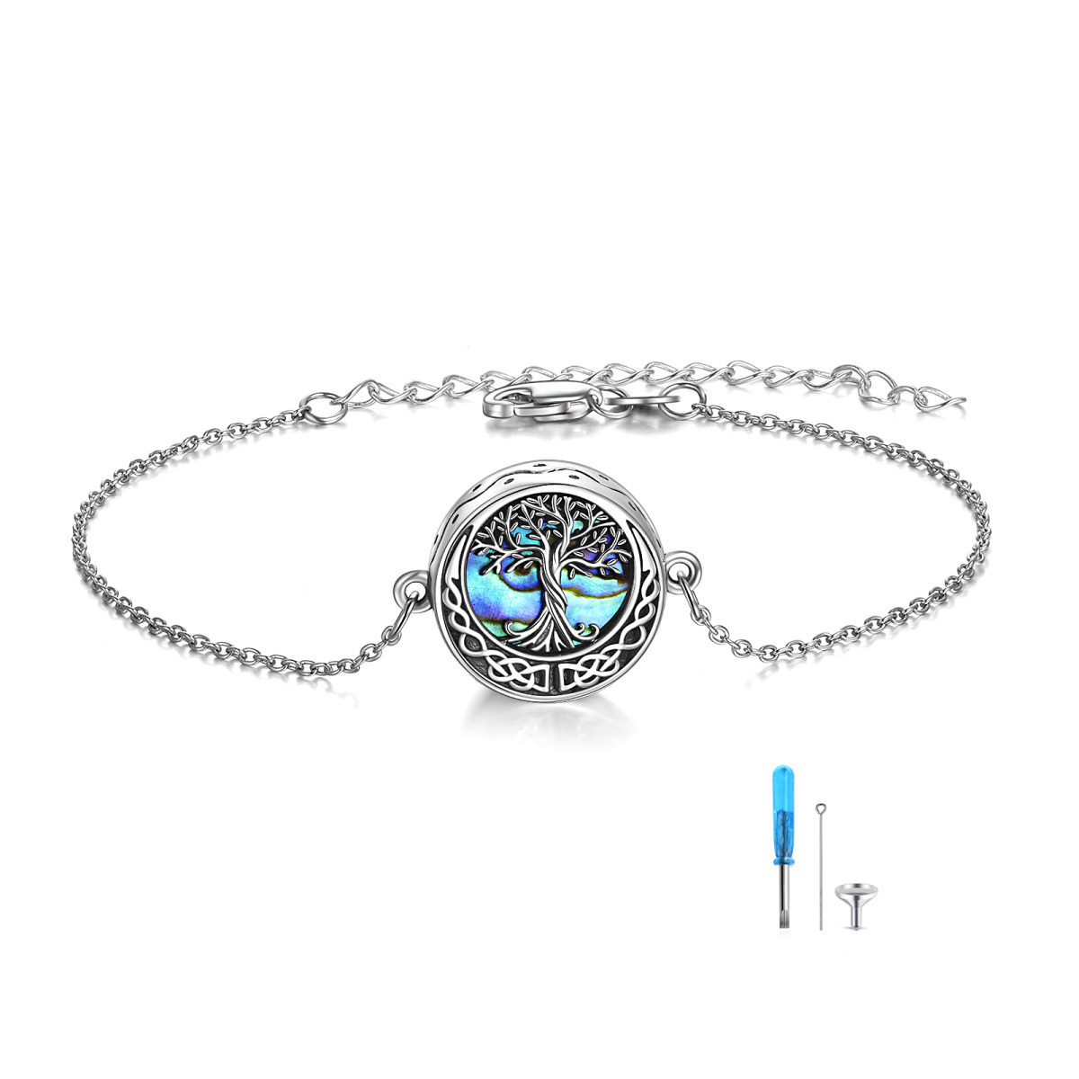 Sterling zilveren Abalone schelpdieren Levensboom & Keltische knoop Urn armband voor as met gegraveerd woord-1