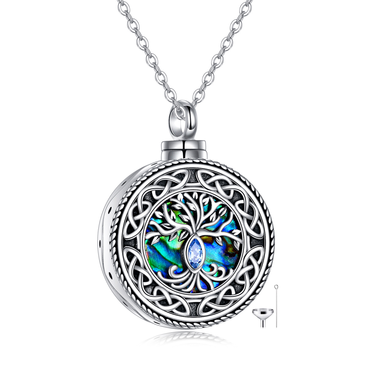 Crostacei abalone in argento sterling con albero della vita in zirconi cubici e collana con urna con nodo celtico per ceneri-1