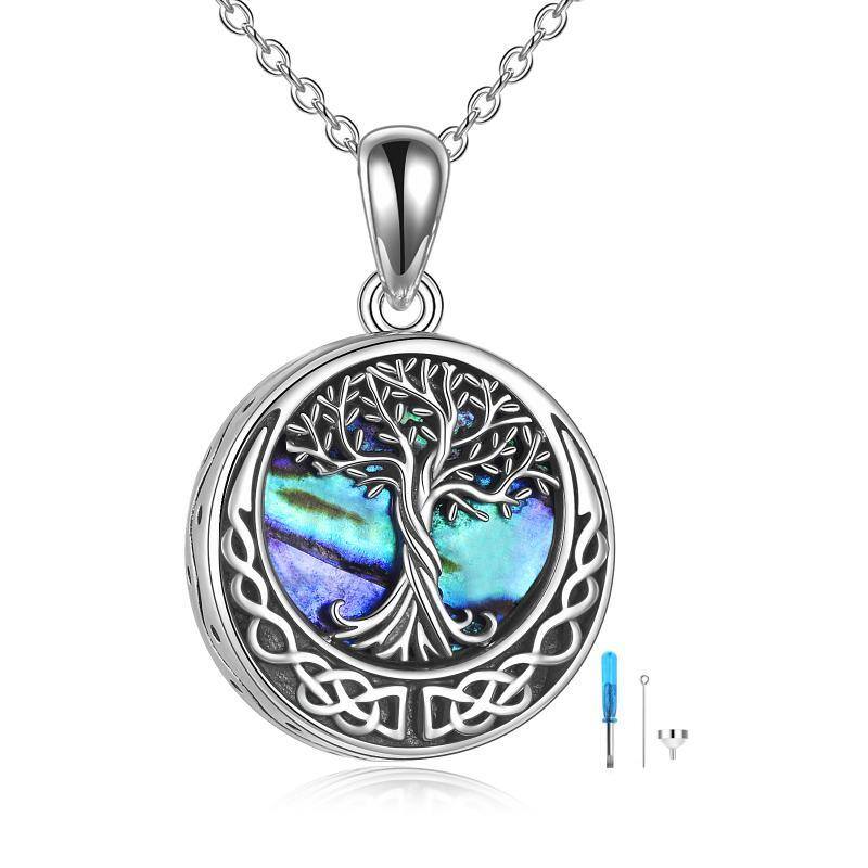 Plata de ley Abalone Shellfish Tree Of Life & Celtic Knot Urn collar con palabra grabada-1