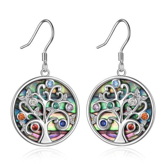 Sterling Silver Abalone Shellfish And Cubic Zirconia Tree Of Life Chakras Drop Earrings For Women