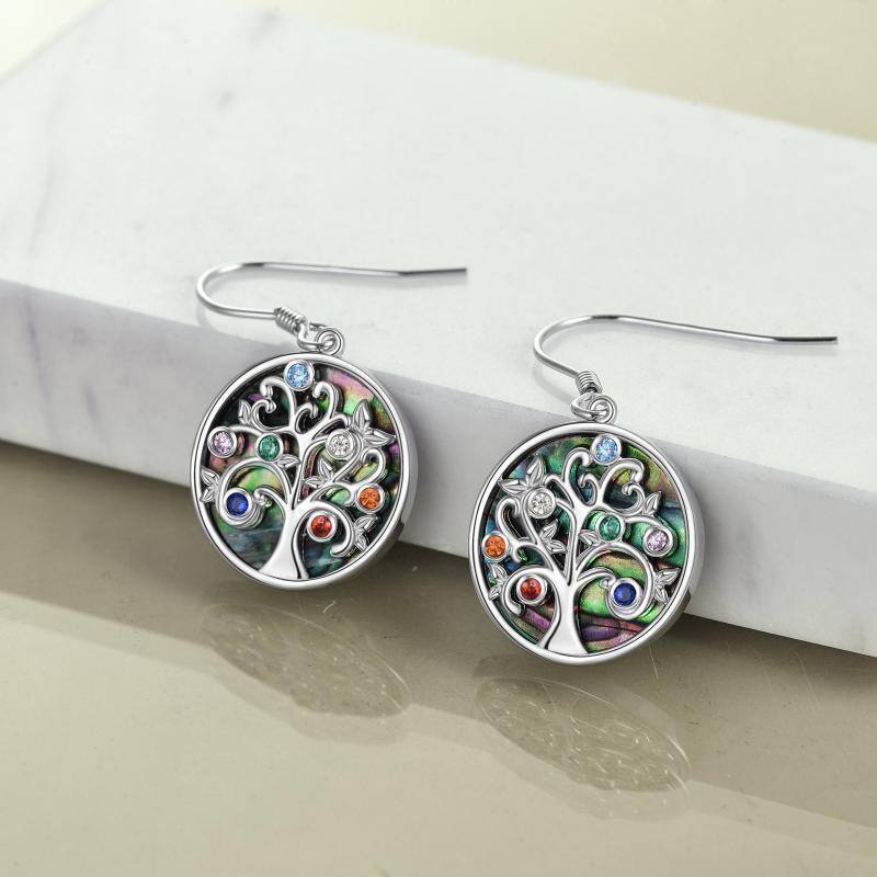 Sterling Silver Abalone Shellfish & Cubic Zirconia Tree Of Life & Chakras Drop Earrings-3