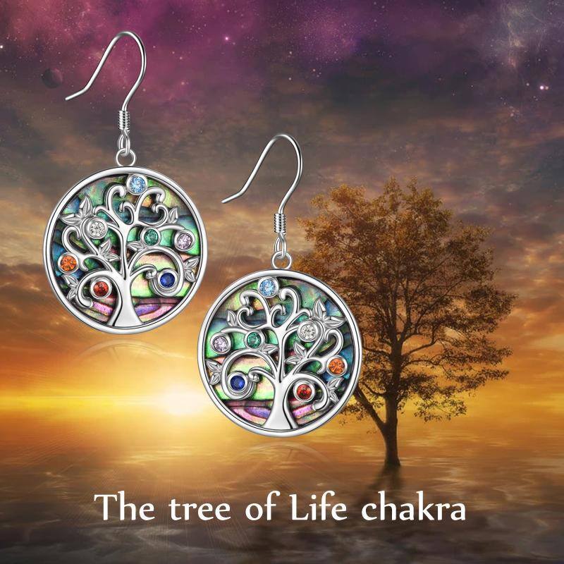 Sterling Silver Abalone Shellfish & Cubic Zirconia Tree Of Life & Chakras Drop Earrings-6