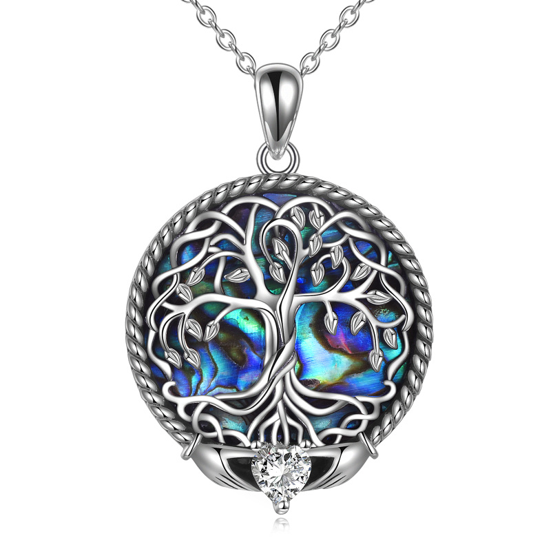 Sterling Silver Abalone Shellfish Tree Of Life & Claddagh Pendant Necklace-7