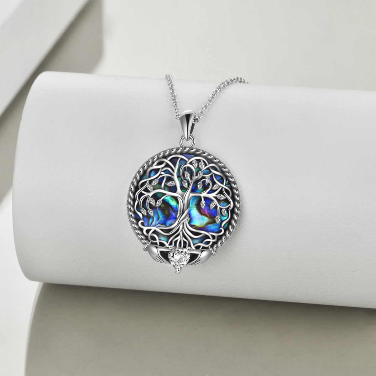 Sterling Silver Abalone Shellfish Tree Of Life & Claddagh Pendant Necklace-3