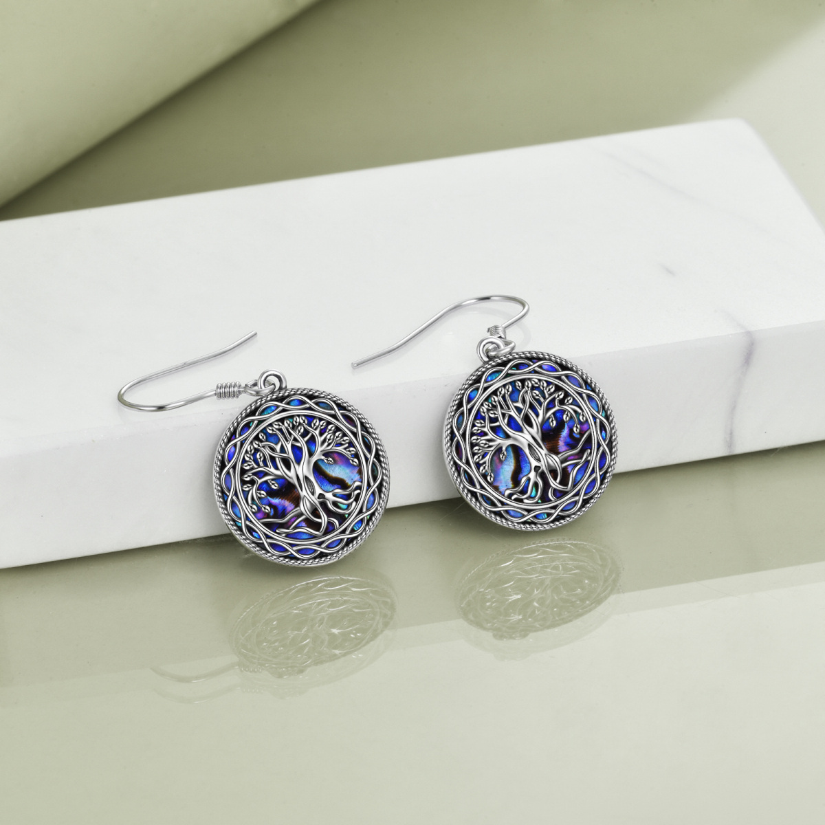 Boucles d'oreilles pendantes en argent Abalone Shellfish Tree Of Life-3