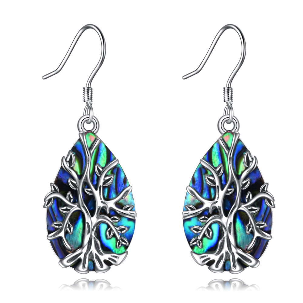 Boucles d'oreilles pendantes arbre de vie en argent sterling avec ormeau, coquillages et coquillages pour femmes-1