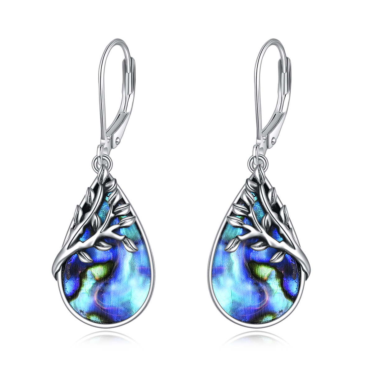 Sterling Silver Abalone Shellfish Tree Of Life & Drop Shape Lever-back Earrings-1