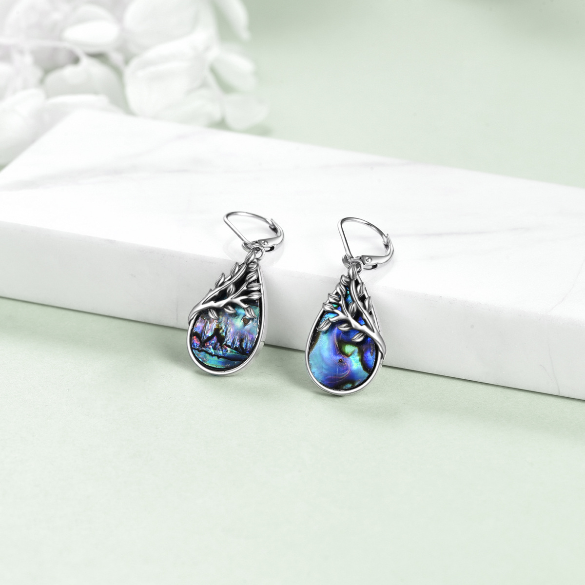 Pendientes de plata de ley Abalone Shellfish Tree Of Life & Drop Shape Lever-back-3