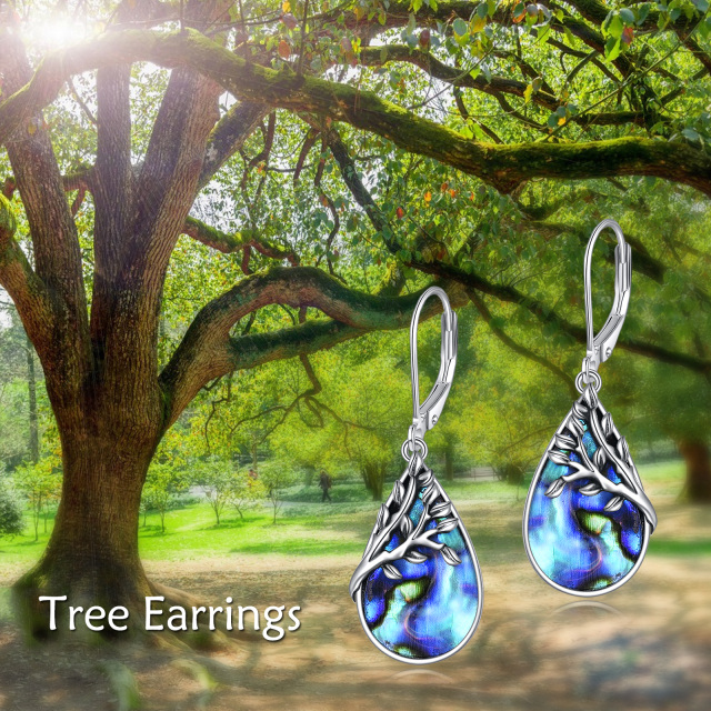 Sterling Silver Abalone Shellfish Tree Of Life & Drop Shape Lever-back Earrings-6