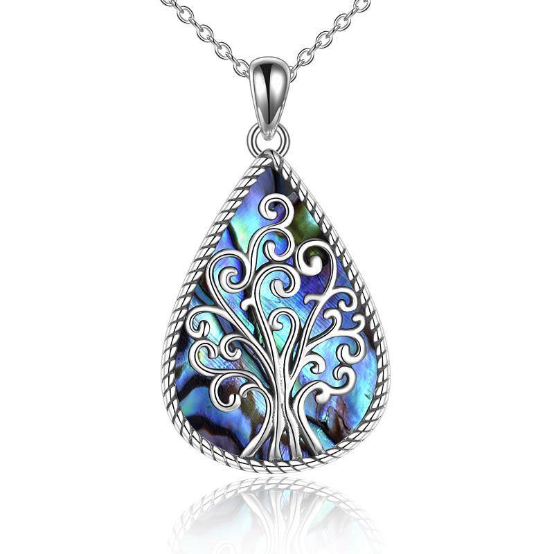 Sterling Silver Abalone Shellfish Tree Of Life & Drop Shape Pendant Necklace-1