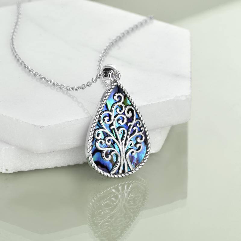 Sterling Silver Abalone Shellfish Tree Of Life & Drop Shape Pendant Necklace-3