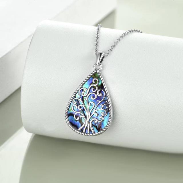 Sterling Silver Abalone Shellfish Tree Of Life & Drop Shape Pendant Necklace-4