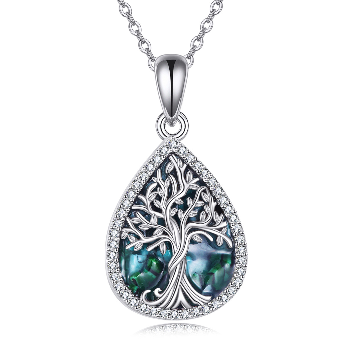 Sterling Silver Drop Abalone Shellfish & Cubic Zirconia Tree Of Life Pendant Necklace For Womem-1