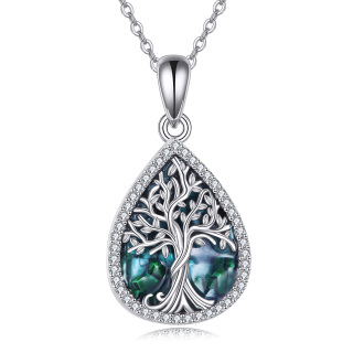 Sterling Silver Drop Abalone Shellfish & Cubic Zirconia Tree Of Life Pendant Necklace For Womem-3