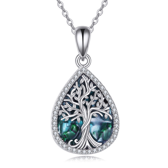 Sterling Silver Drop Abalone Shellfish & Cubic Zirconia Tree Of Life Pendant Necklace For Womem