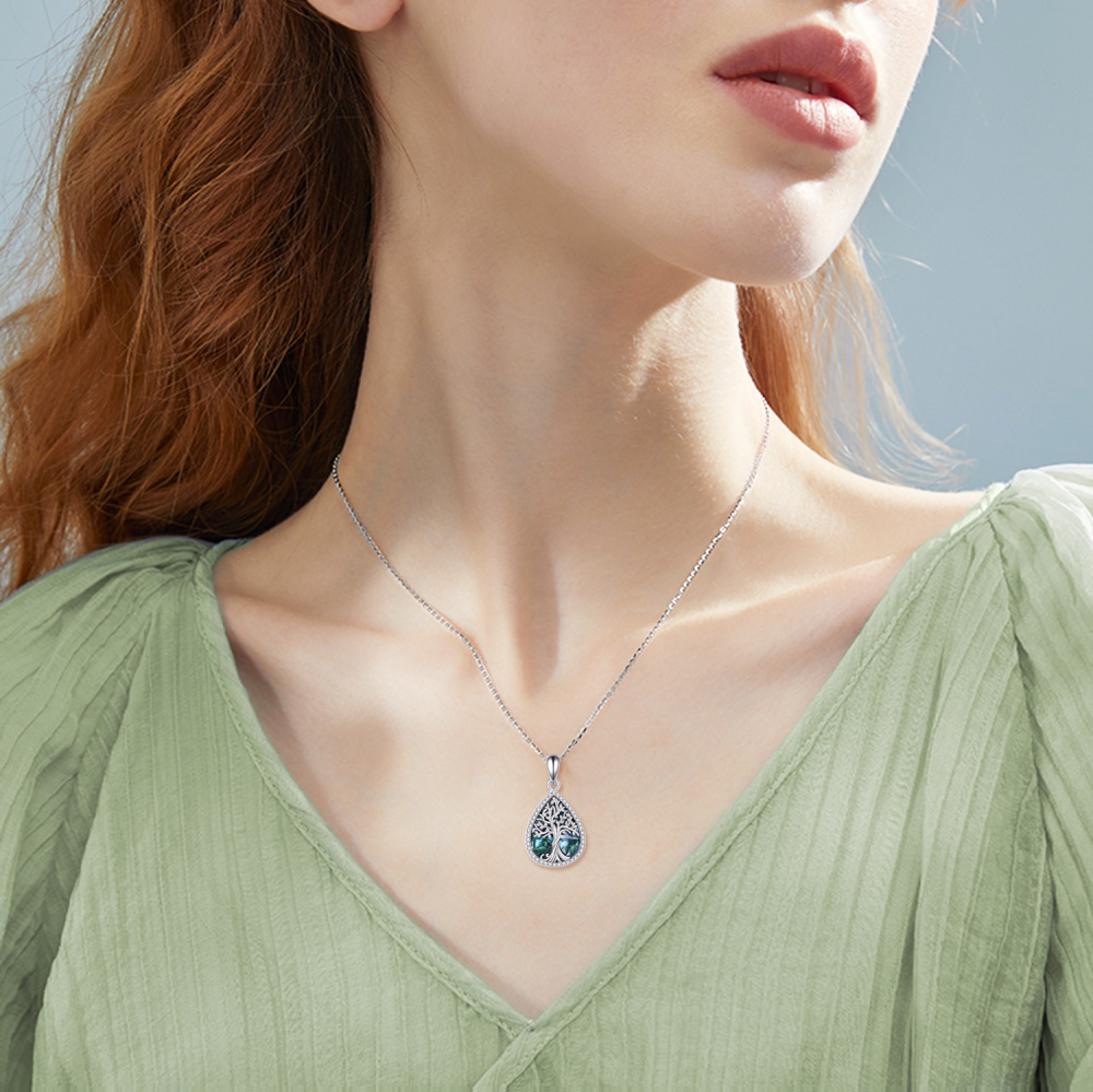 Collar con colgante de árbol de la vida de plata de ley con forma de abulón y circonita cúbica para mujer-2