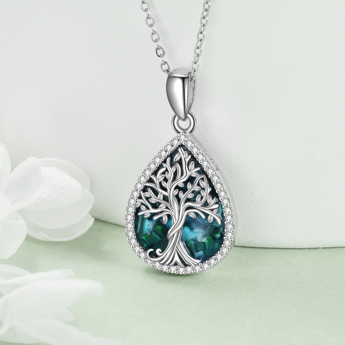 Sterling Silver Drop Abalone Shellfish & Cubic Zirconia Tree Of Life Pendant Necklace For Womem-3