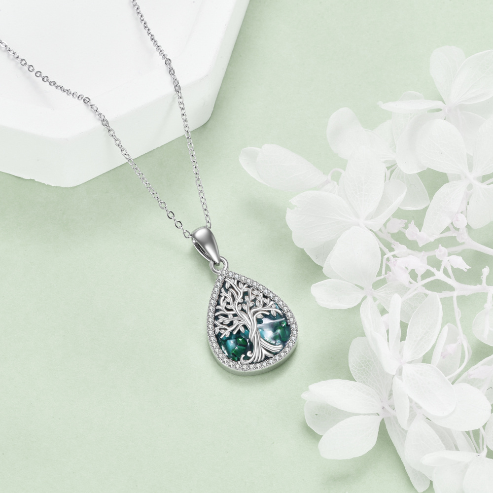 Collar con colgante de árbol de la vida de plata de ley con forma de abulón y circonita cúbica para mujer-4