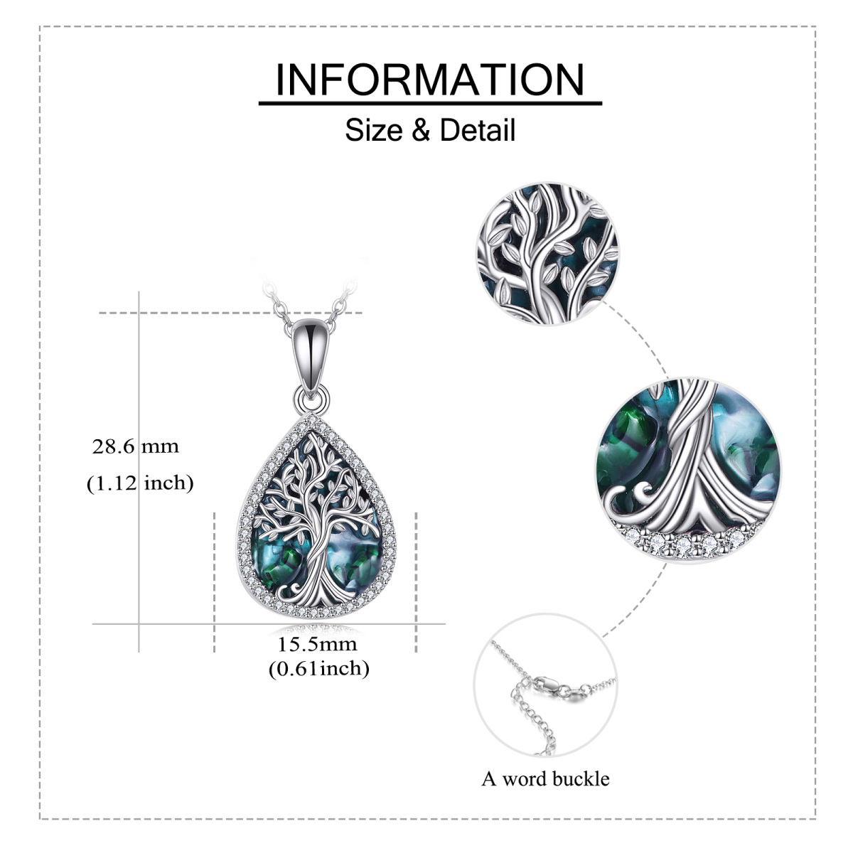 Sterling Silver Drop Abalone Shellfish & Cubic Zirconia Tree Of Life Pendant Necklace For Womem-5