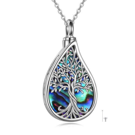 Collana con urna a forma di goccia e albero della vita in argento sterling con conchiglia Abalone per le ceneri con parola incisa