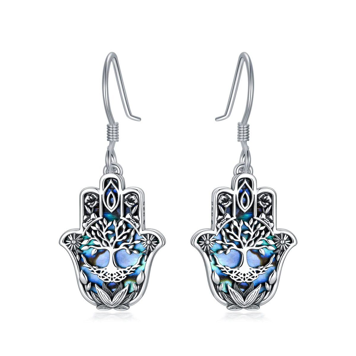 Pendientes Abalone Shellfish Tree Of Life & Hamsa Hand de plata de ley-1