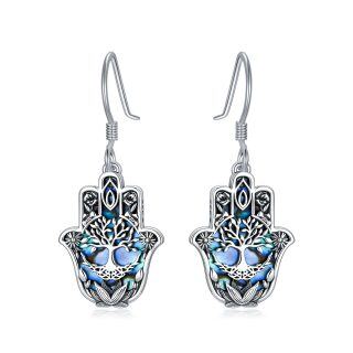 Sterling Silver Abalone Shellfish Tree Of Life & Hamsa Hand Drop Earrings-4