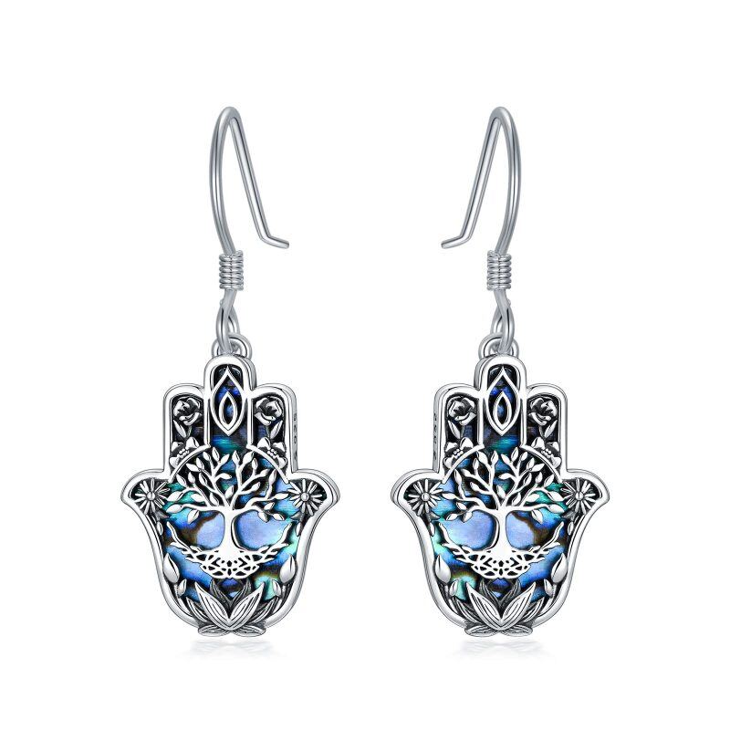 Sterling Silver Abalone Shellfish Tree Of Life & Hamsa Hand Drop Earrings