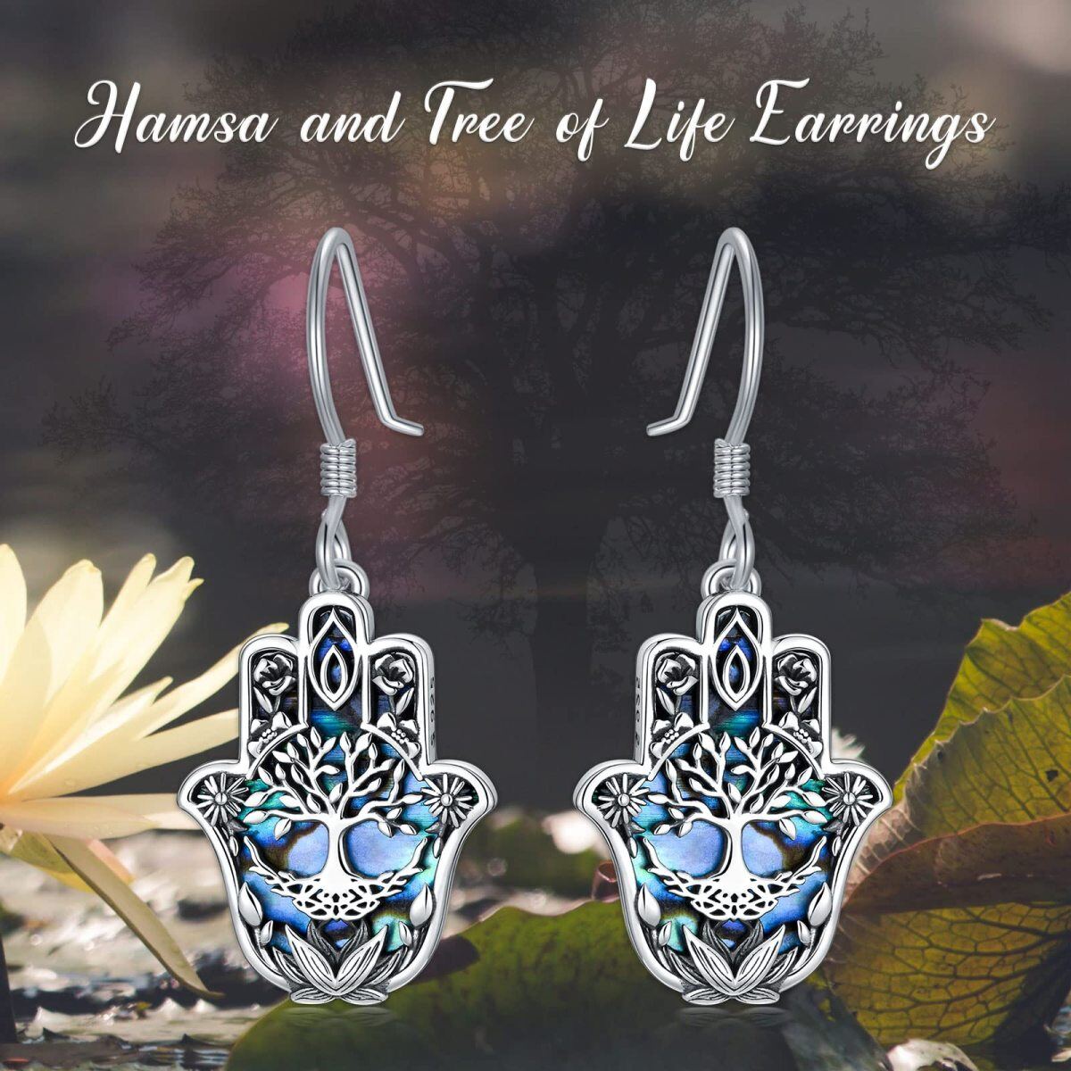 Pendientes Abalone Shellfish Tree Of Life & Hamsa Hand de plata de ley-6