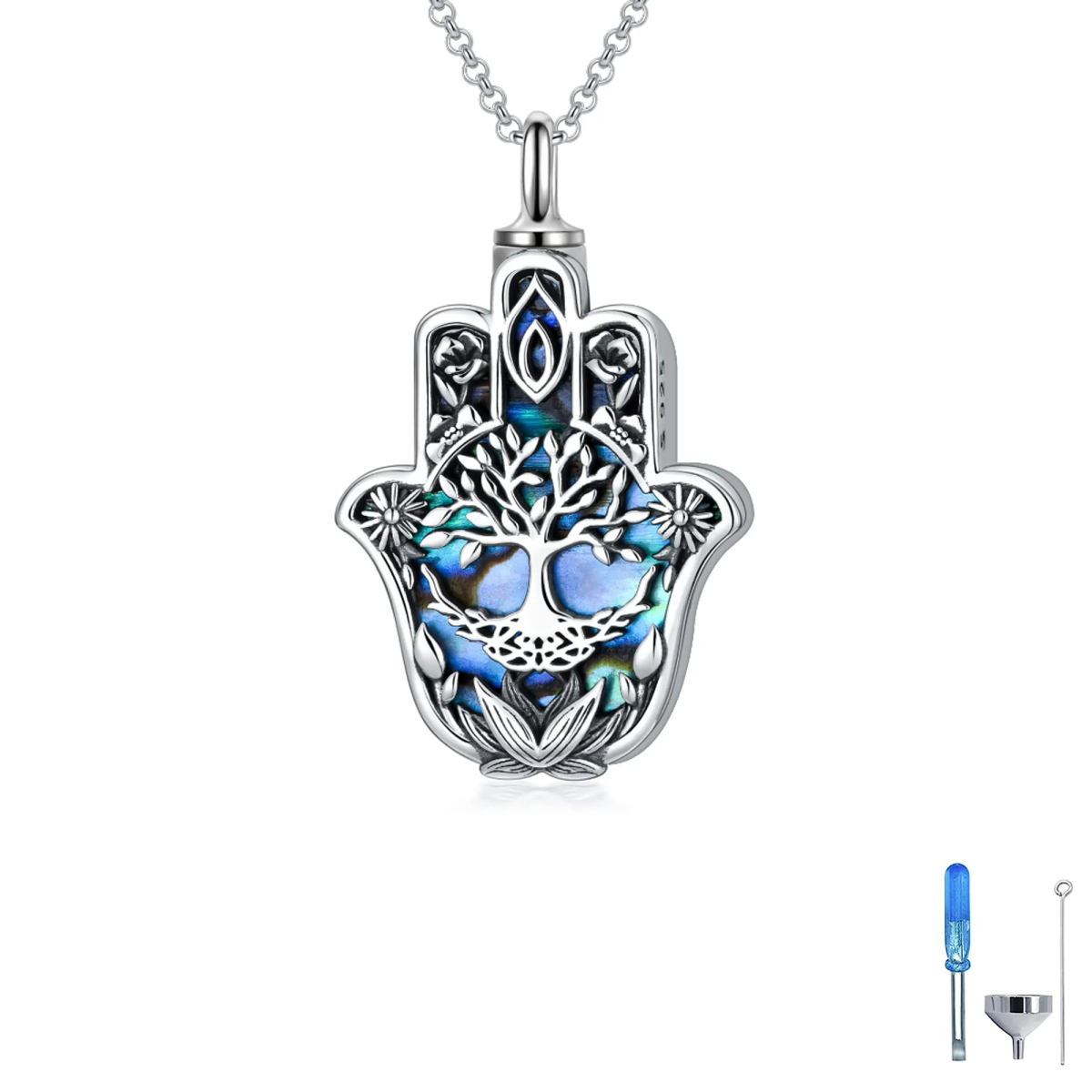 Collier d'urne à main en argent sterling avec ormeau, coquillages, arbre de vie, Hamsa pour cendres-1