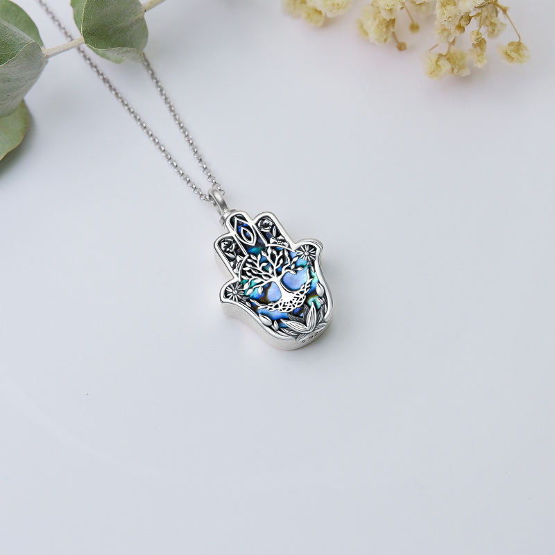 Colar de urna de mão Hamsa da árvore da vida do marisco de abalone em prata esterlina para cinzas-3