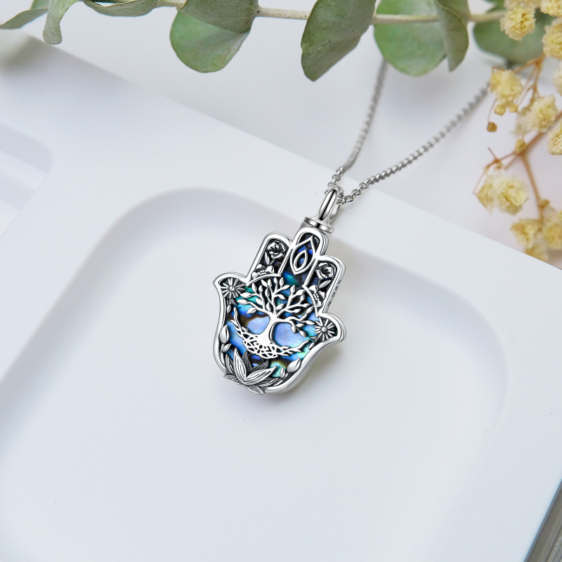 Colar de urna de mão Hamsa da árvore da vida do marisco de abalone em prata esterlina para cinzas-4