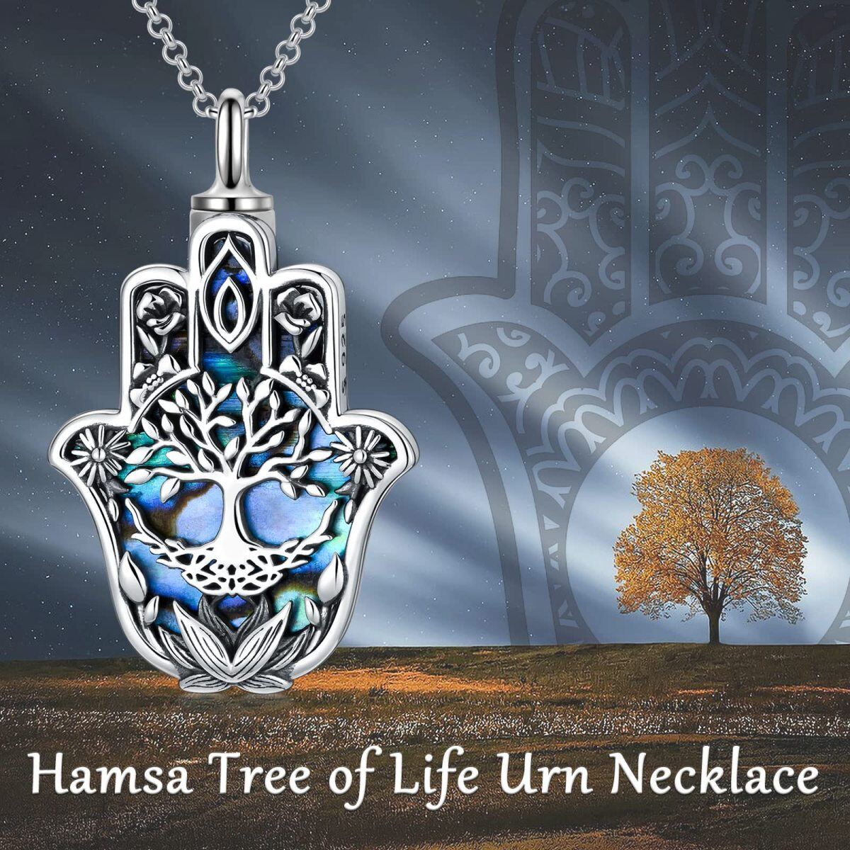 Naszyjnik na urnę z prochami ze srebra Abalone Shellfish Tree Of Life & Hamsa Hand Urn-6