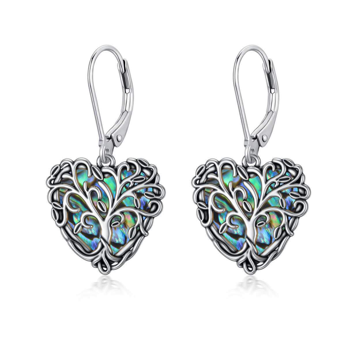 Sterling Silver Abalone Shellfish Tree Of Life & Heart Drop Earrings-1