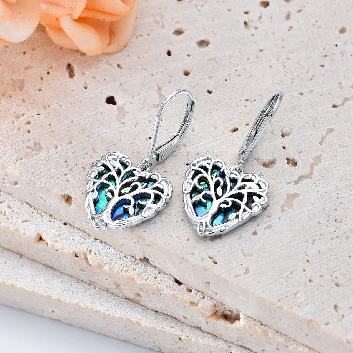 Boucles d'oreilles pendantes en argent sterling avec ormeau, coquillages, arbre de vie et cœur-3