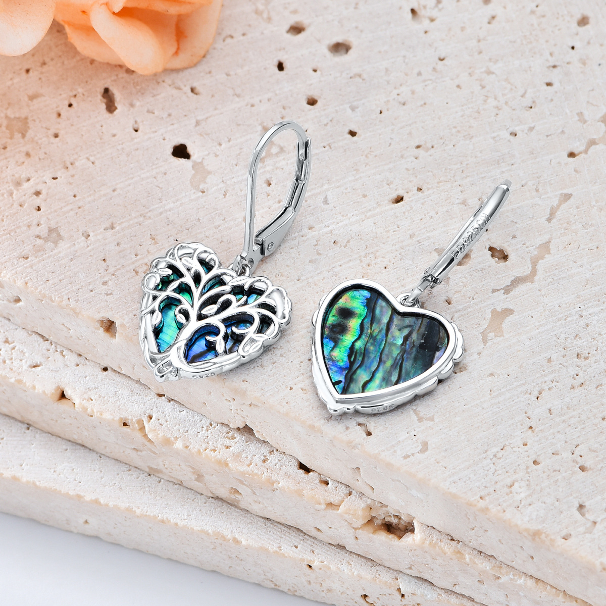 Sterling Silver Abalone Shellfish Tree Of Life & Heart Drop Earrings-4