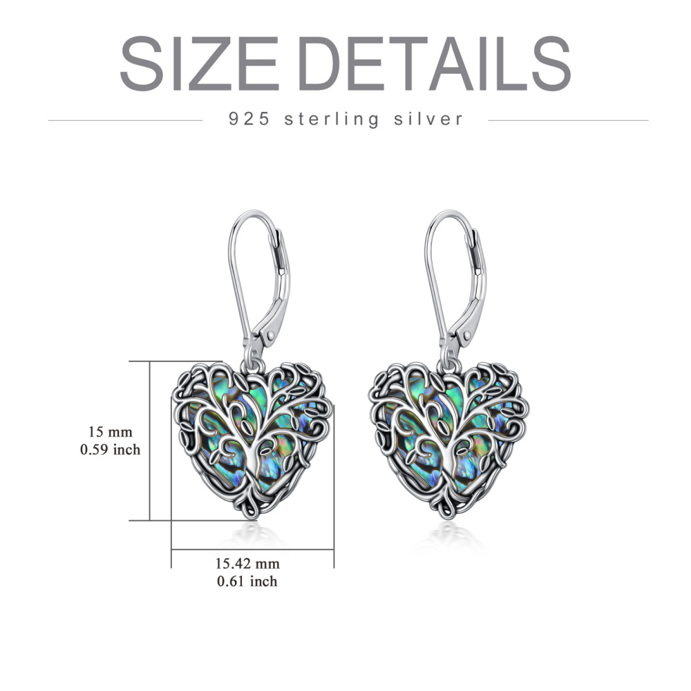 Sterling Silver Abalone Shellfish Tree Of Life & Heart Drop Earrings-5