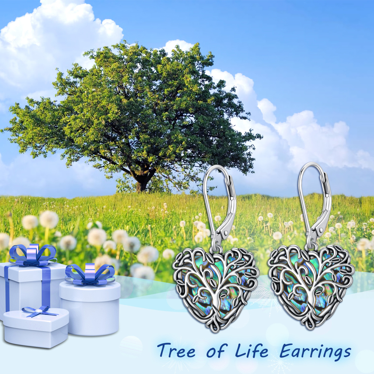 Boucles d'oreilles pendantes en argent sterling avec ormeau, coquillages, arbre de vie et cœur-6